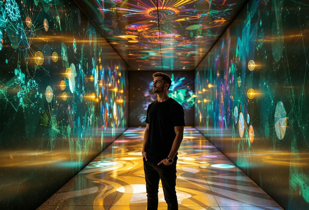 A visually stunning photograph captures a visitor experiencing the multi-sensory art of Illusionaries in London. The scene features vibrant digital art installations blending light, sound, and movement, creating an otherworldly atmosphere.