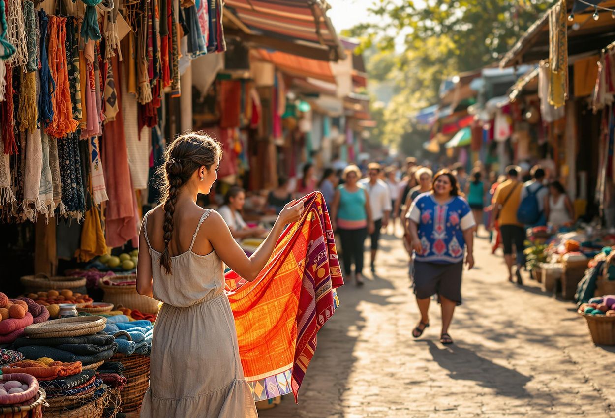 A captivating photograph capturing the lively atmosphere of a Guatemalan market, showcasing colorful handwoven textiles and the connection between local artisans and tourists.