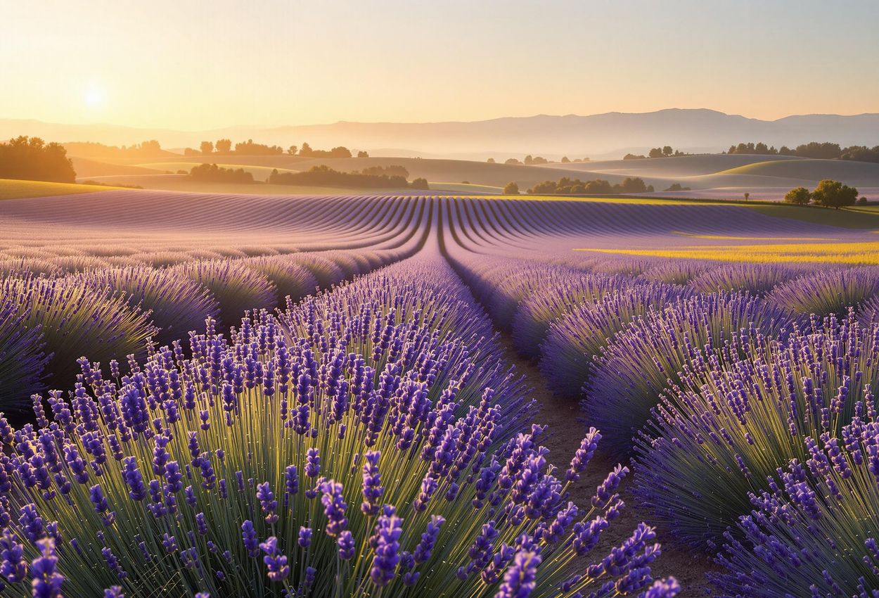 A landscape photograph capturing the tranquil beauty of Provence lavender fields bathed in the soft morning light. Rows of lavender stretch into the distance, creating a peaceful and serene scene.