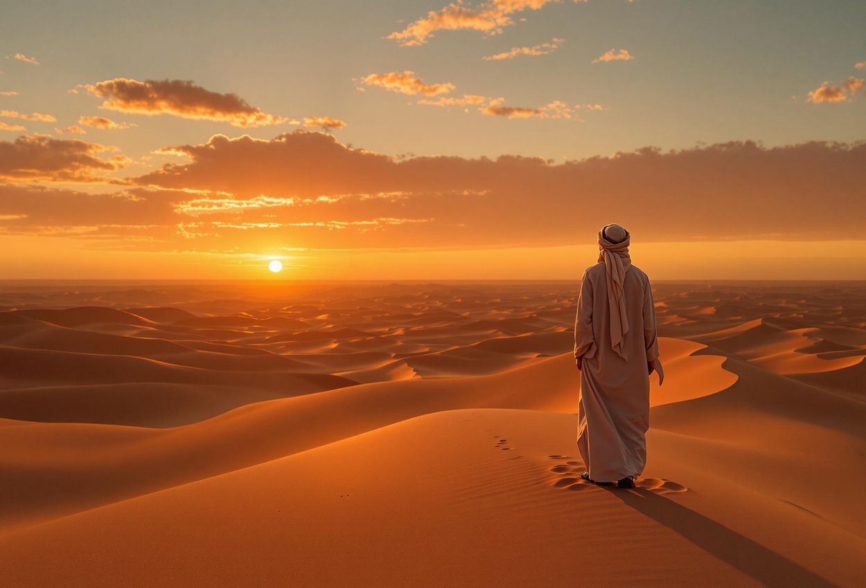 A lone traveler stands on a sand dune in the Sahara Desert, silhouetted against a breathtaking sunset. The image captures the vastness and serenity of the desert landscape.