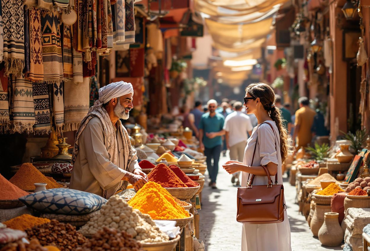 A captivating photograph capturing the energy and colors of a bustling Marrakech souk, showcasing the interaction between a merchant and a tourist amidst a sensory overload of textiles, spices, and artisan goods.