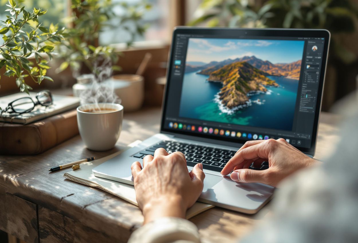 A visually descriptive image of a travel photographer editing travel photos on a laptop with coffee and a travel journal, capturing the essence of their passion and dedication.