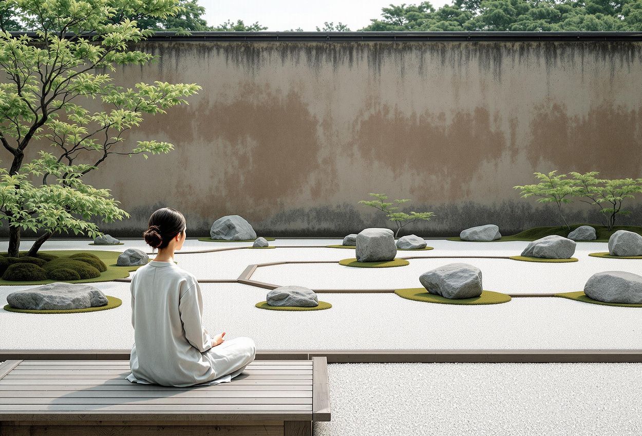 A photograph of the tranquil Ryoan-ji Zen garden in Kyoto, featuring meticulously raked gravel, carefully placed rocks, and a person meditating on the viewing platform.