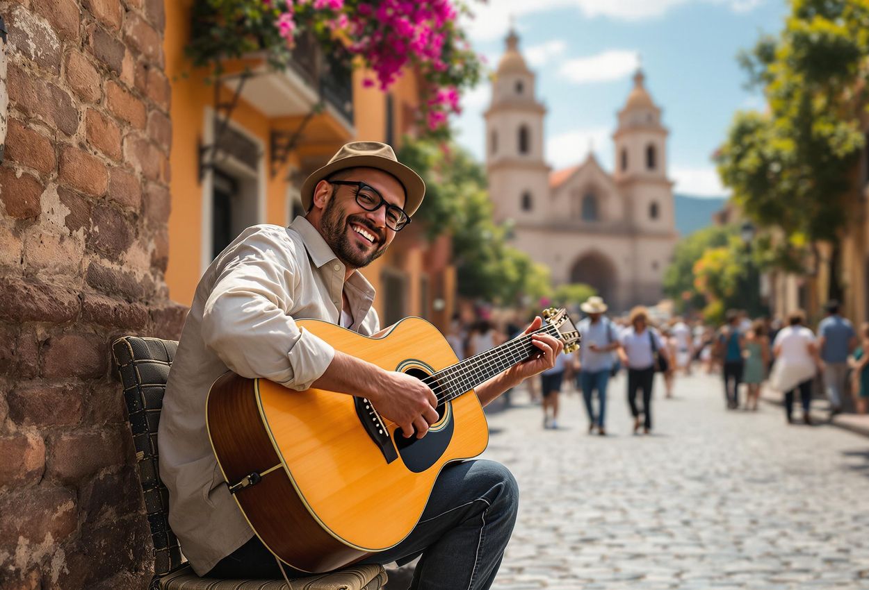 A street musician shares his gift of music amidst the colorful colonial architecture of San Miguel de Allende, Mexico.