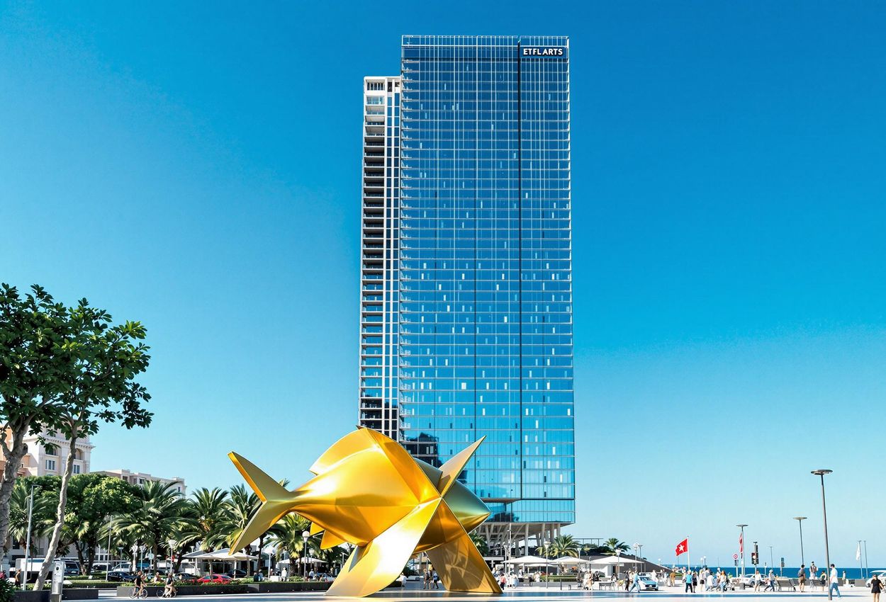 Exterior view of Hotel Arts Barcelona, showcasing its modern design, blue glass facade, and the Frank Gehry Fish sculpture on a sunny afternoon.