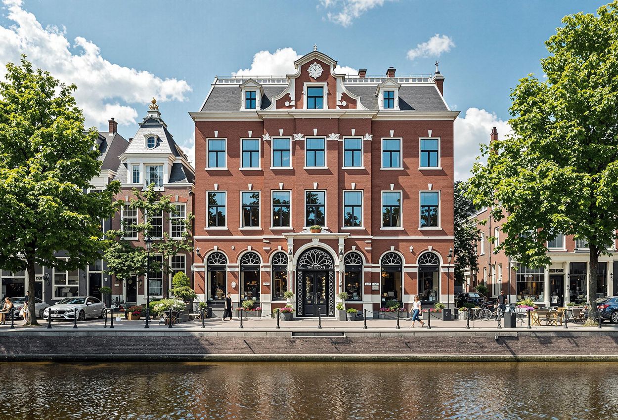 The Dylan Amsterdam: Elegant Canal-Side Hotel on a Sunny Afternoon Exterior photograph of The Dylan Amsterdam, a luxury boutique hotel on the Keizersgracht canal, captured on a sunny afternoon. Showcases the hotel