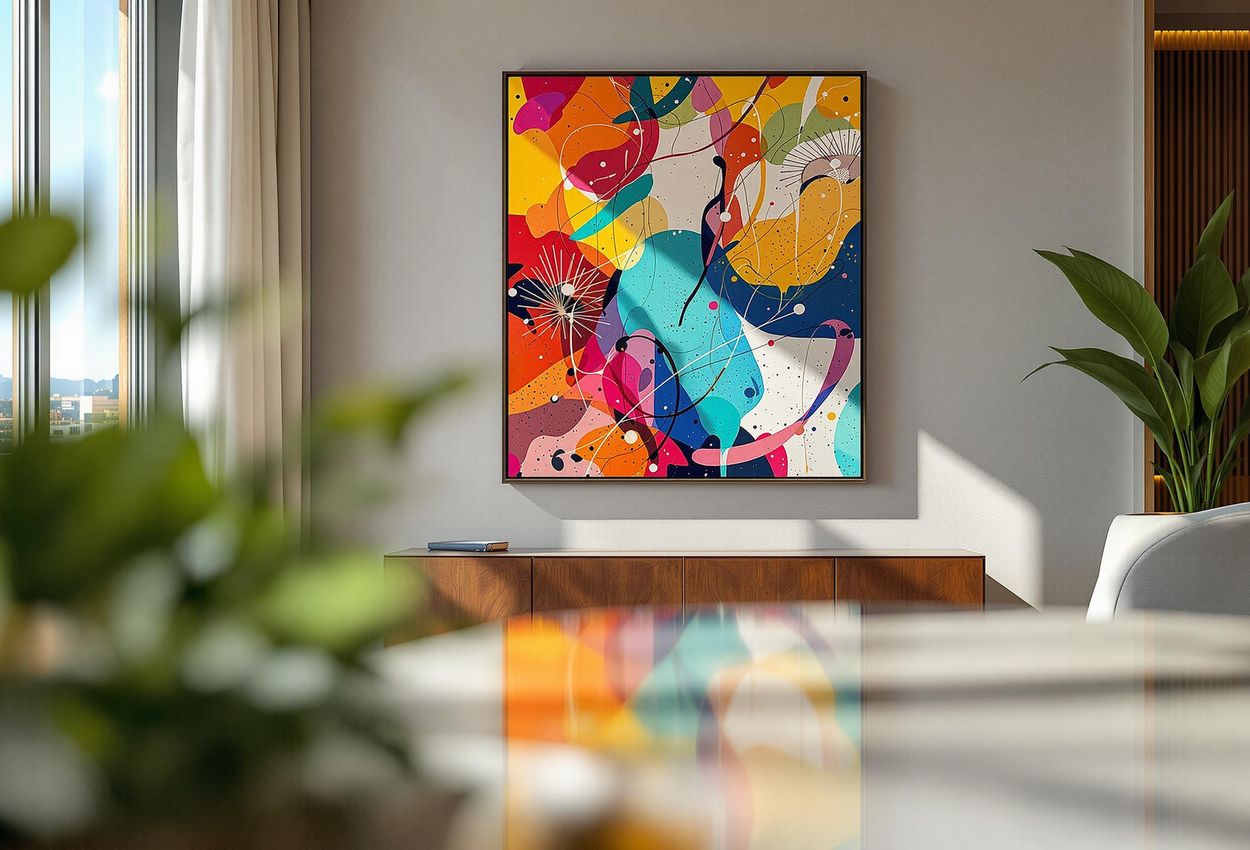 A detailed photograph showcases a vibrant art piece by a Catalan artist within a luxurious suite at Hotel Arts Barcelona, highlighting the hotel