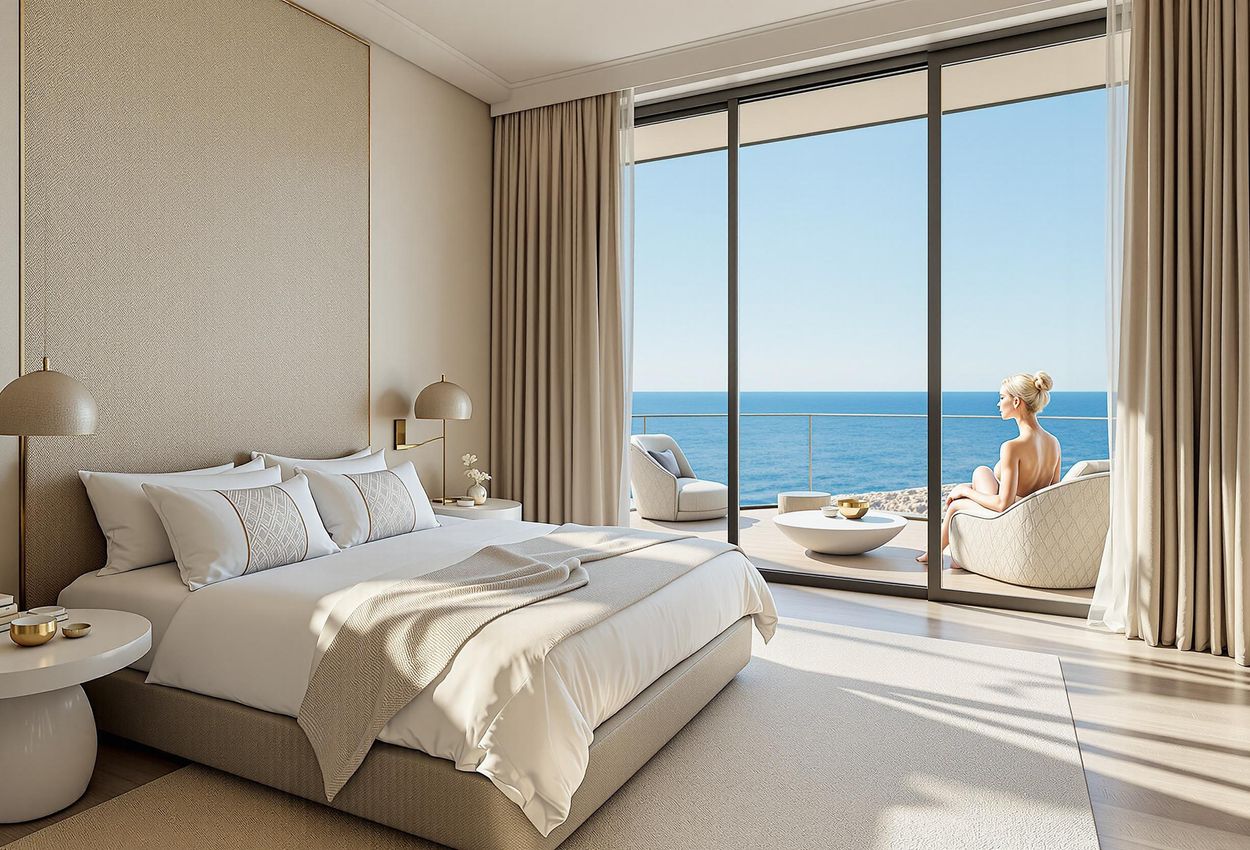 A photograph of a luxurious guest room at Hotel Arts Barcelona, featuring panoramic sea views, modern design, and artful ceramics.