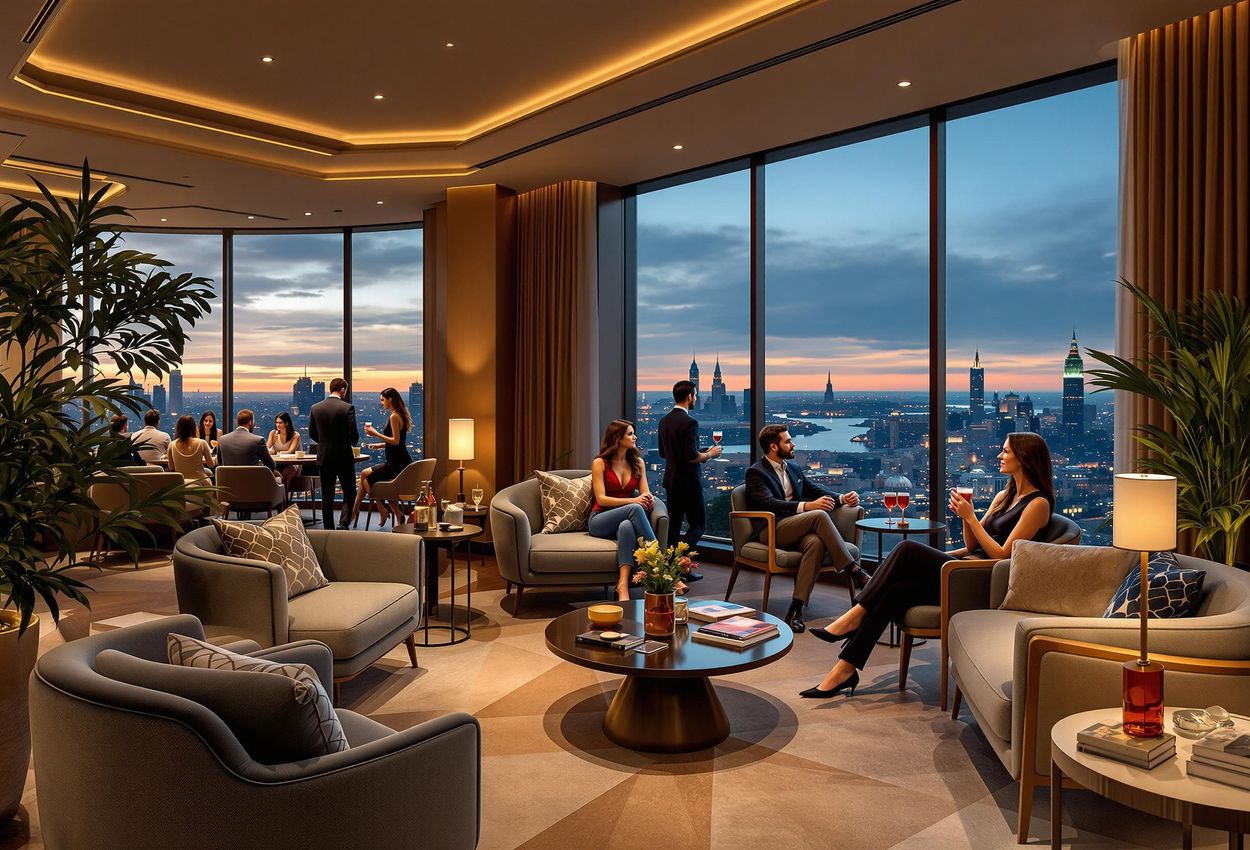 A photograph of a luxurious hotel club lounge at dusk, featuring elegant furnishings, panoramic city views, and personalized service.