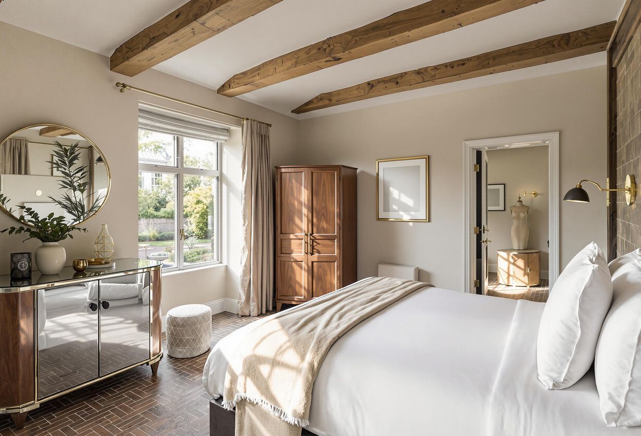 Luxurious Guest Room at The Dylan Amsterdam A beautifully photographed guest room at The Dylan Amsterdam, showcasing a blend of classic and contemporary design with wooden beams, herringbone brick floors, and soft morning light.