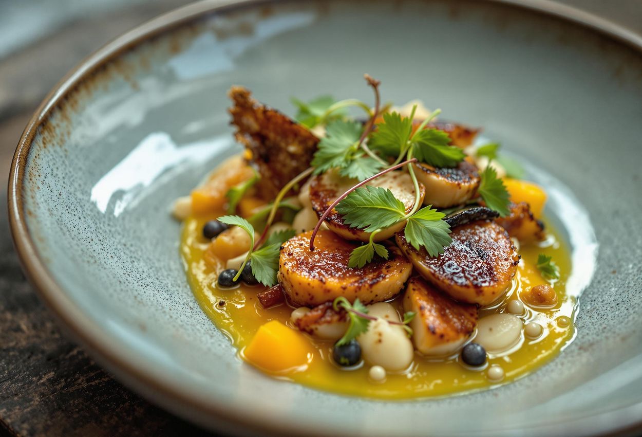 Exquisite Culinary Artistry at Restaurant Vinkeles, Amsterdam A detailed photograph captures a culinary masterpiece at Amsterdam