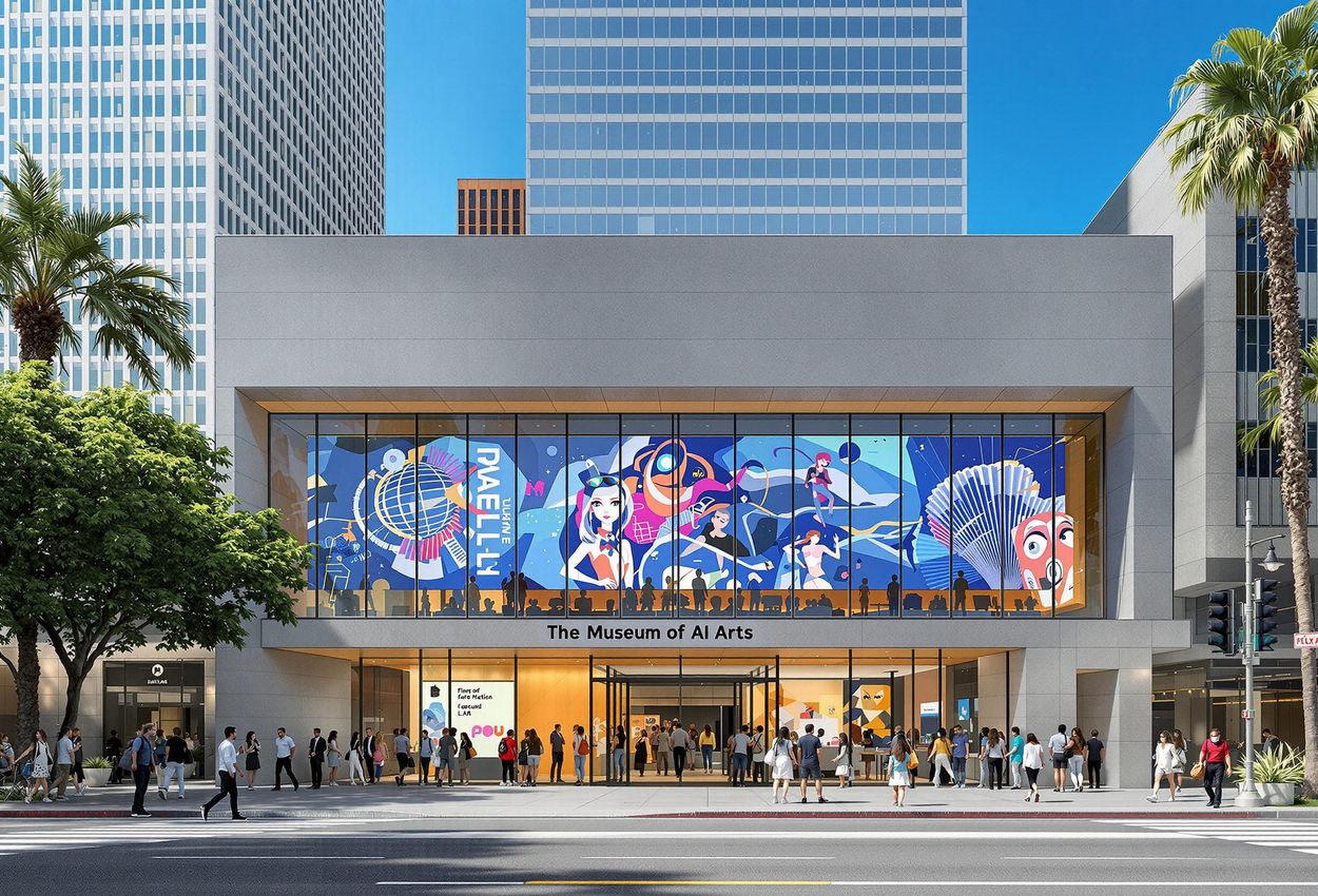 A photograph of the exterior of Dataland, the Museum of AI Arts, in Downtown Los Angeles, with the Grand LA in the background, under a clear blue sky.