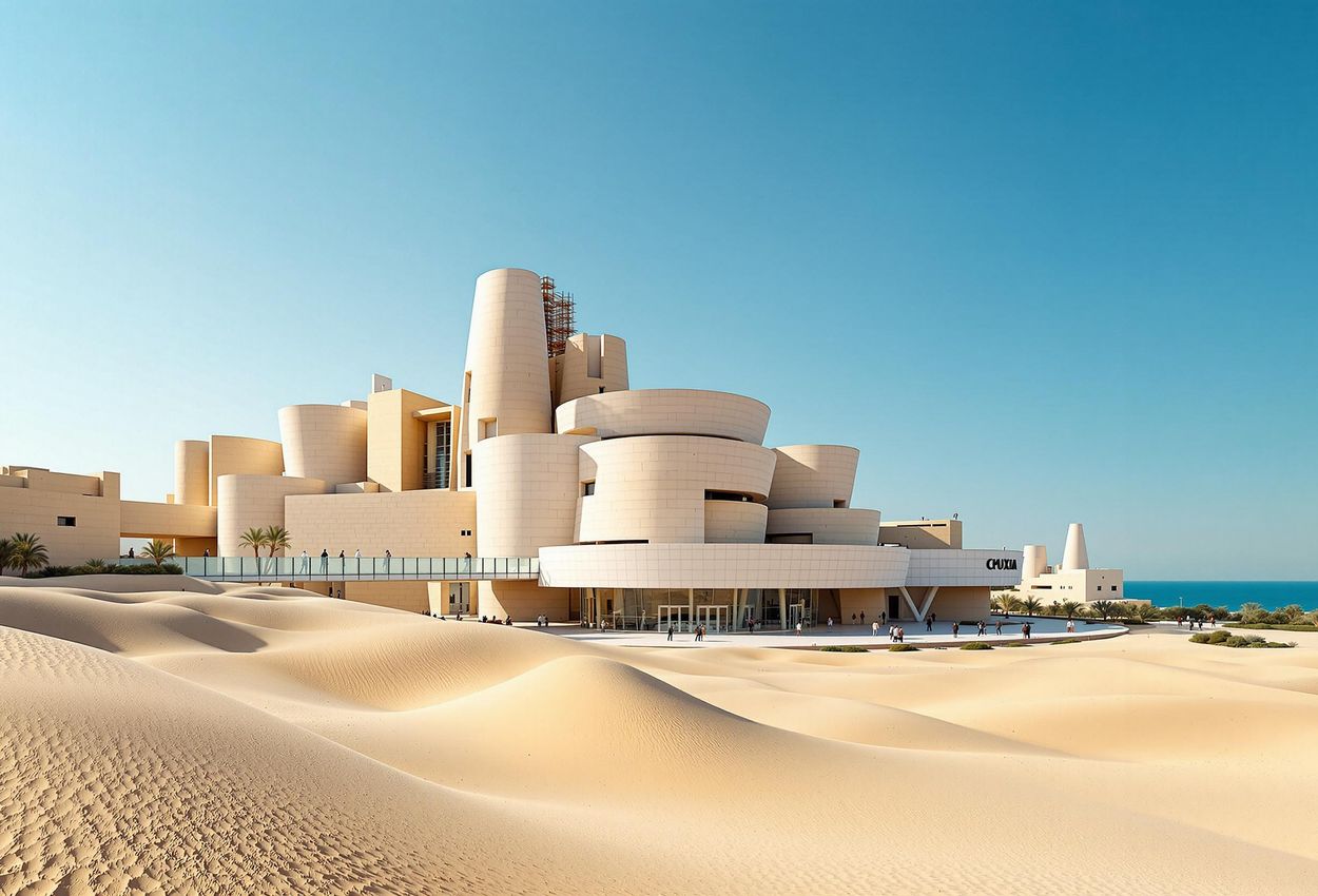 A stunning photograph of the Guggenheim Abu Dhabi on Saadiyat Island, showcasing its unique architecture and integration with the desert landscape.