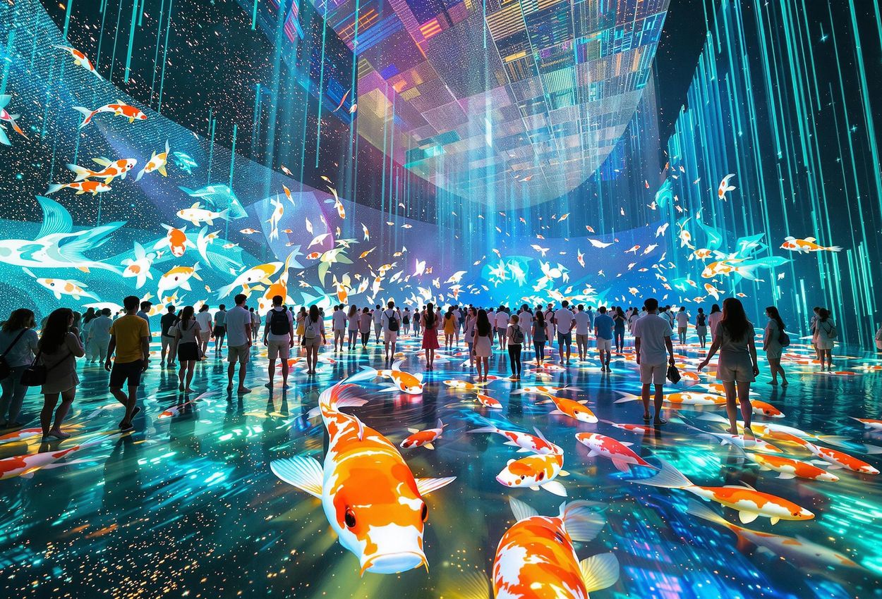 A wide-angle photograph capturing visitors interacting with digital art installations at TeamLab Planets in Tokyo, showcasing the fusion of art and technology.