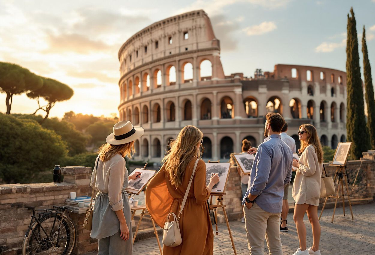 A group of travelers participates in a sketching session in front of the Colosseum during the warm light of golden hour, capturing the essence of Rome