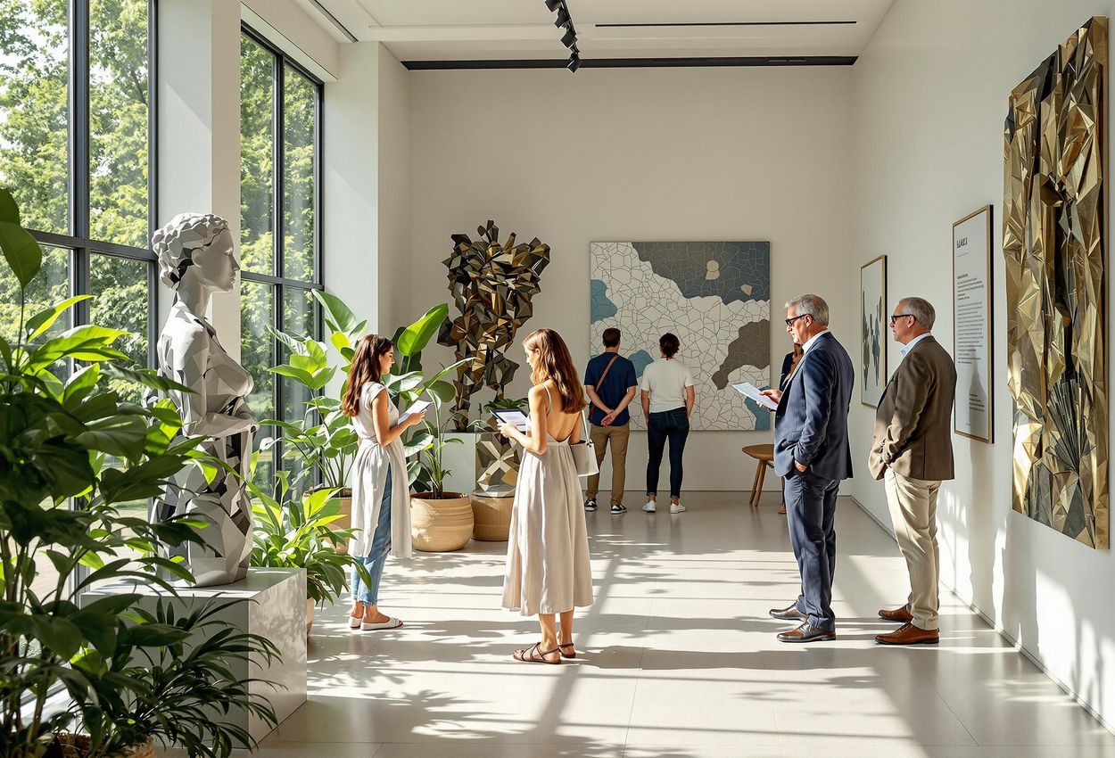 A photograph of an eco-friendly art gallery featuring sculptures made from recycled materials, with visitors admiring the sustainable art in a serene green space.