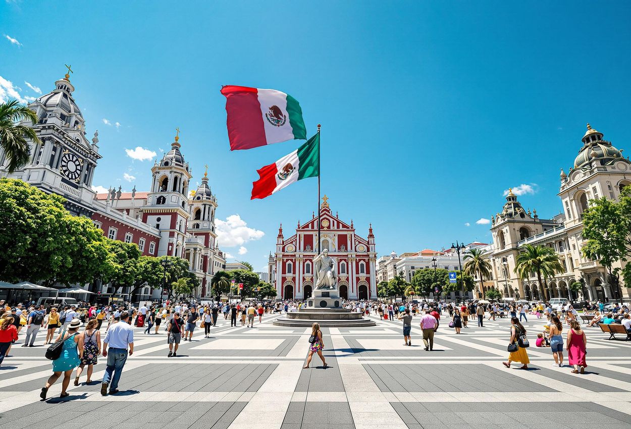 A photograph capturing the Zocalo in Mexico City on a sunny summer day. The Metropolitan Cathedral and National Palace frame the bustling square, filled with street performers and the waving Mexican flag.
