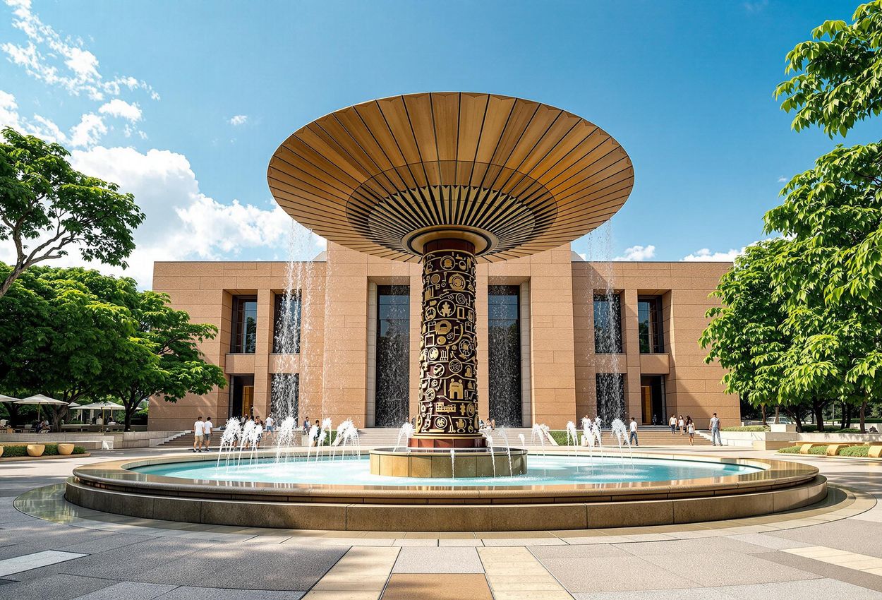 A photograph of the National Museum of Anthropology in Mexico City, featuring its iconic architecture and umbrella-shaped fountain.
