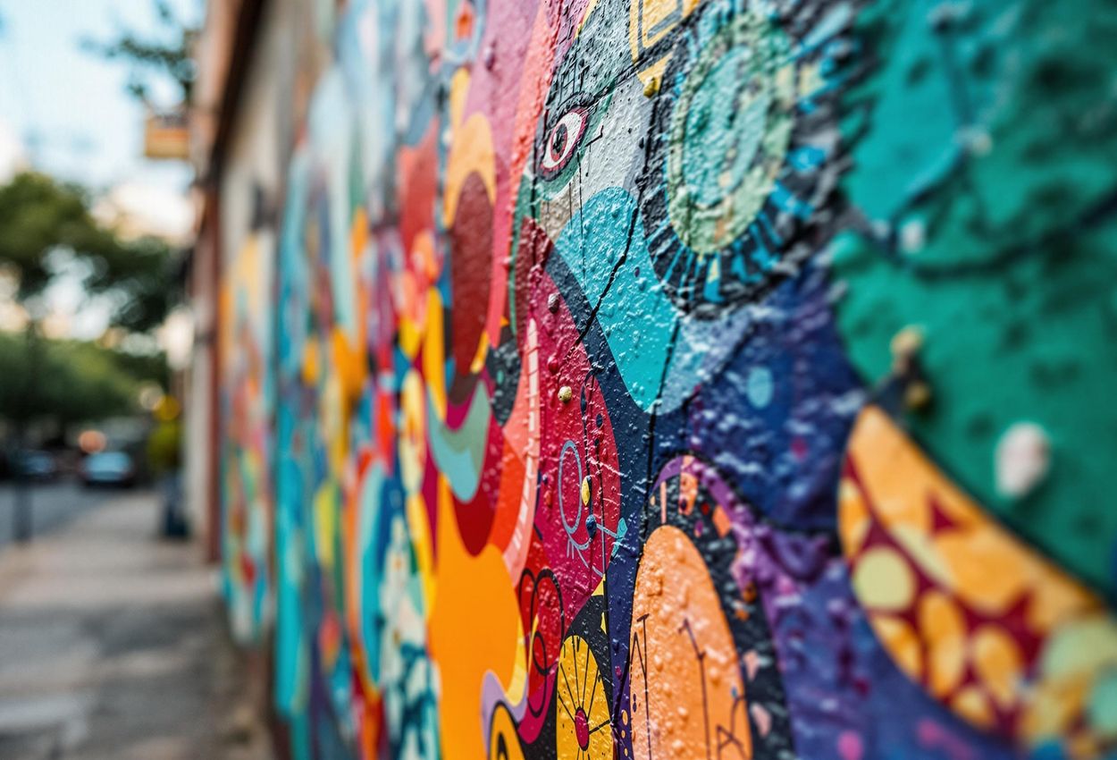 A detailed photograph captures a colorful street art mural in Mexico City