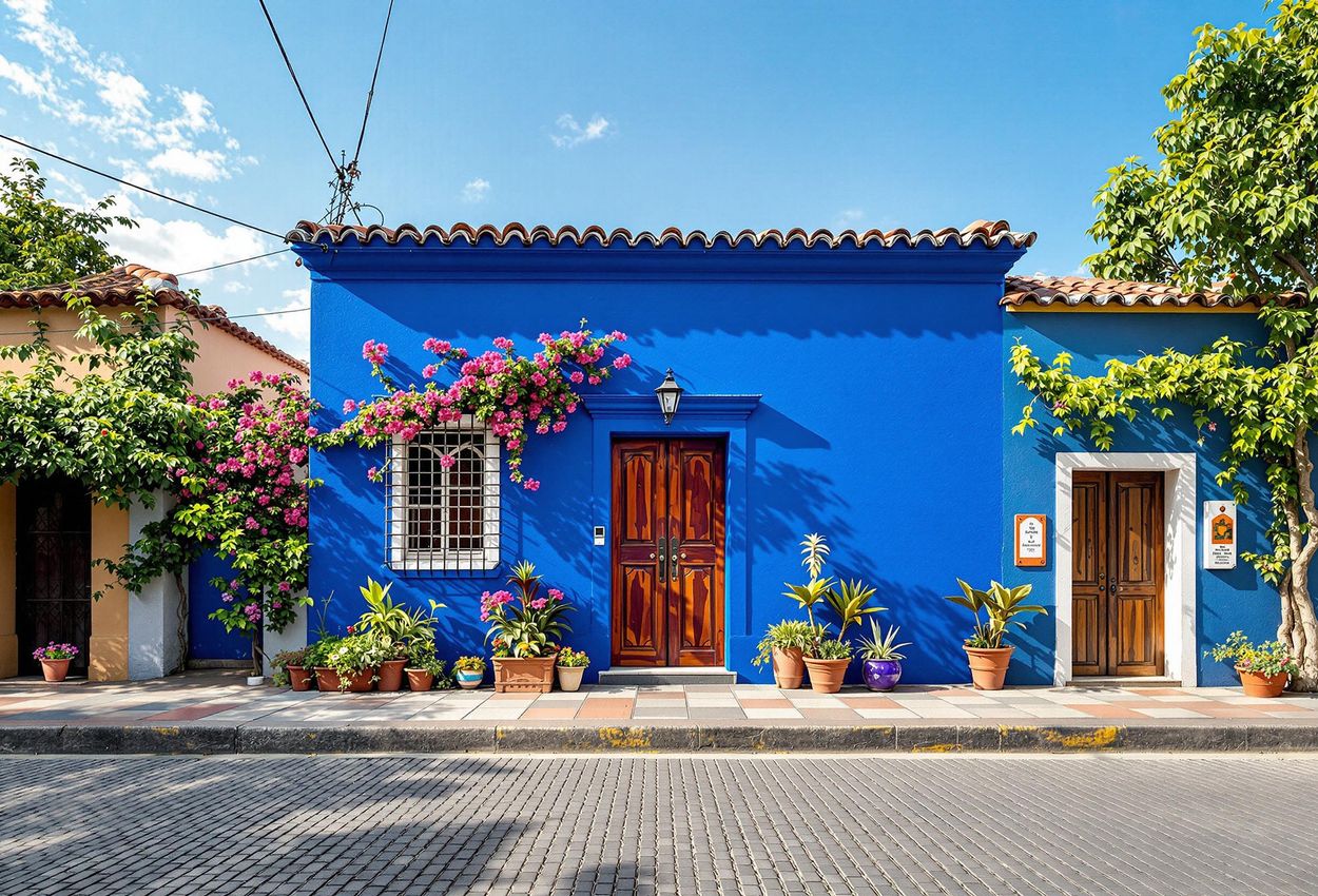 A photograph of the Casa Azul, the iconic Frida Kahlo Museum in Coyoacan, Mexico City, showcasing its vibrant blue exterior and surrounding neighborhood.