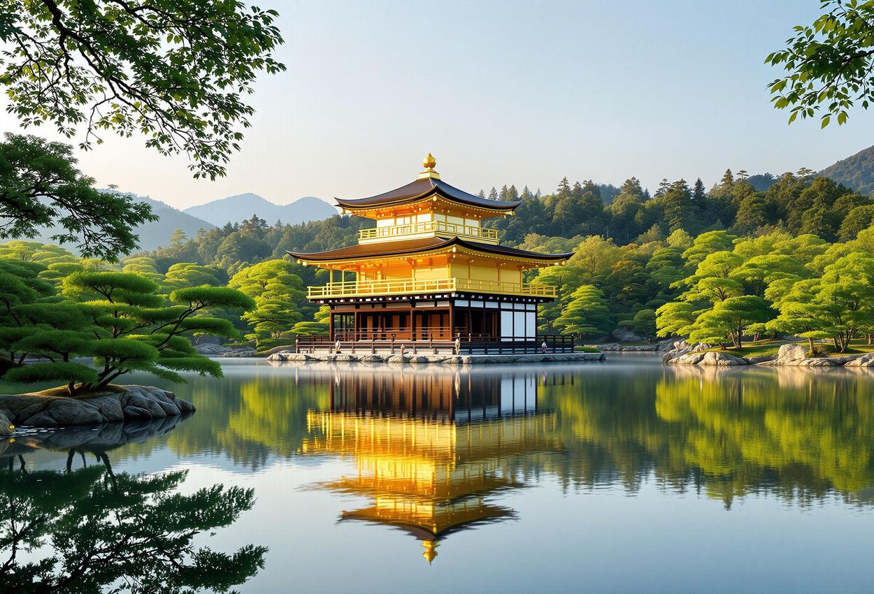 Kinkaku-ji Golden Pavilion Reflecting in Mirror Pond, Kyoto A serene photograph captures the iconic Kinkaku-ji (Golden Pavilion) in Kyoto, Japan, perfectly reflected in the still waters of its surrounding pond, showcasing the temple