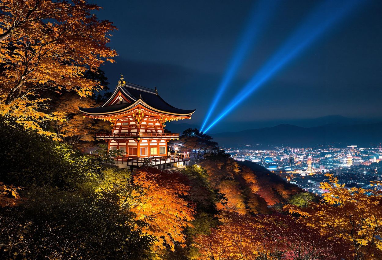Kiyomizu-dera Temple Autumn Illumination, Kyoto A nighttime view of Kiyomizu-dera Temple in Kyoto during the autumn illumination, showcasing the vibrant maple leaves and the temple