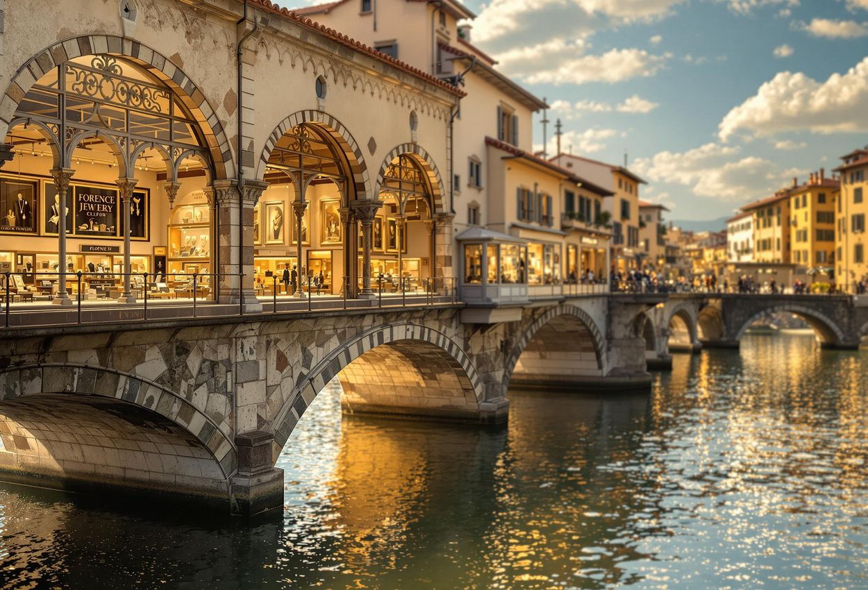 Ponte Vecchio Jewelry Shops, Florence - A Timeless View A detailed close-up of the Ponte Vecchio in Florence, showcasing the exquisite jewelry shops lining the historic bridge. The image captures the architectural beauty and the dazzling display of wealth and craftsmanship.