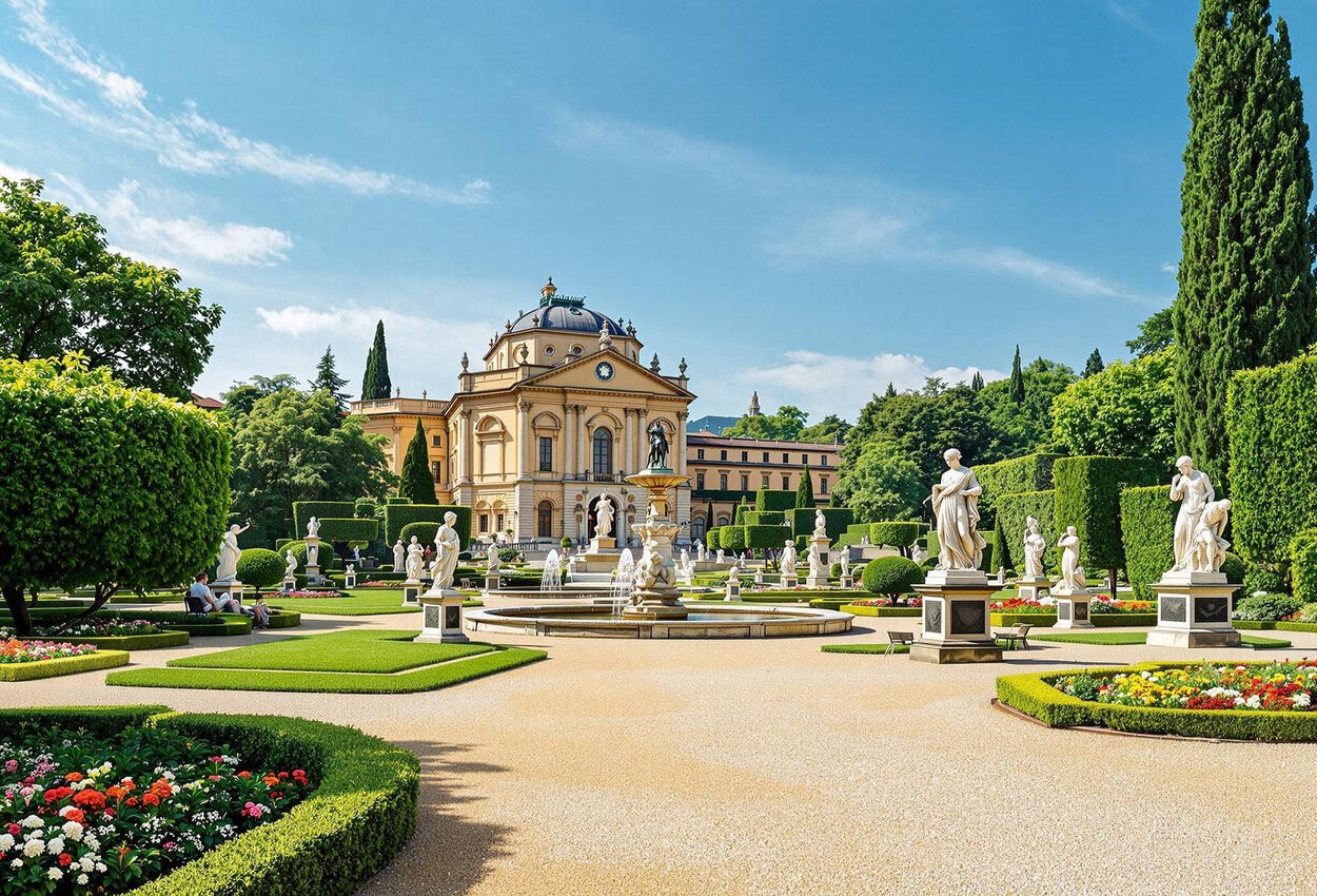 Boboli Gardens: A Renaissance Masterpiece in Florence A serene photograph capturing the beauty and symmetry of the Boboli Gardens in Florence, Italy, with its fountains, sculptures, and the Palazzo Pitti in the background.