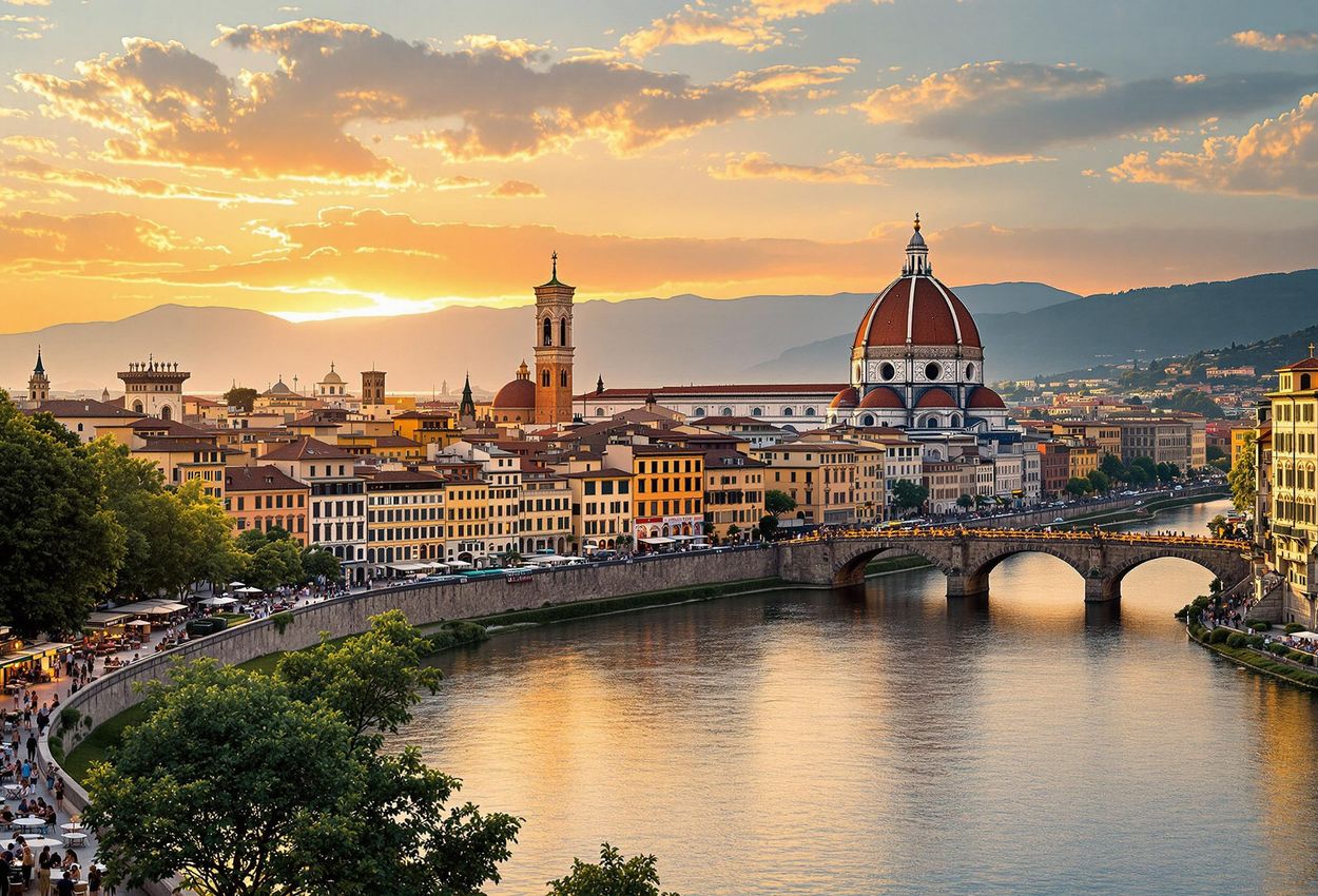 Panoramic Sunset View of Florence, Italy A captivating photograph of Florence at sunset, showcasing the Duomo, Palazzo Vecchio, and Ponte Vecchio bathed in golden light, with street musicians and outdoor cafes adding to the vibrant atmosphere.