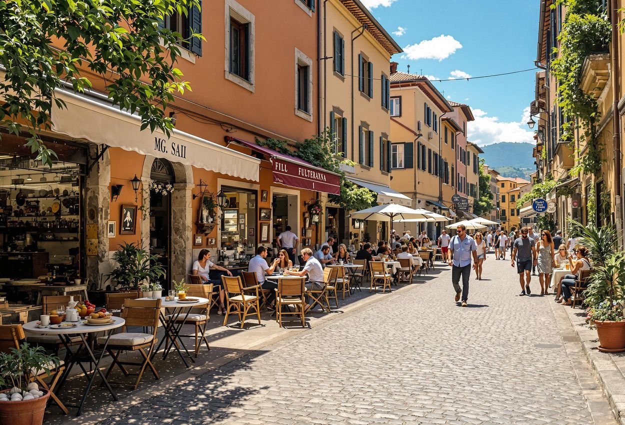 Artisan Workshops and Cafes in Oltrarno, Florence A detailed photograph capturing the artisan workshops and vibrant cafe culture in the Oltrarno neighborhood of Florence, Italy.