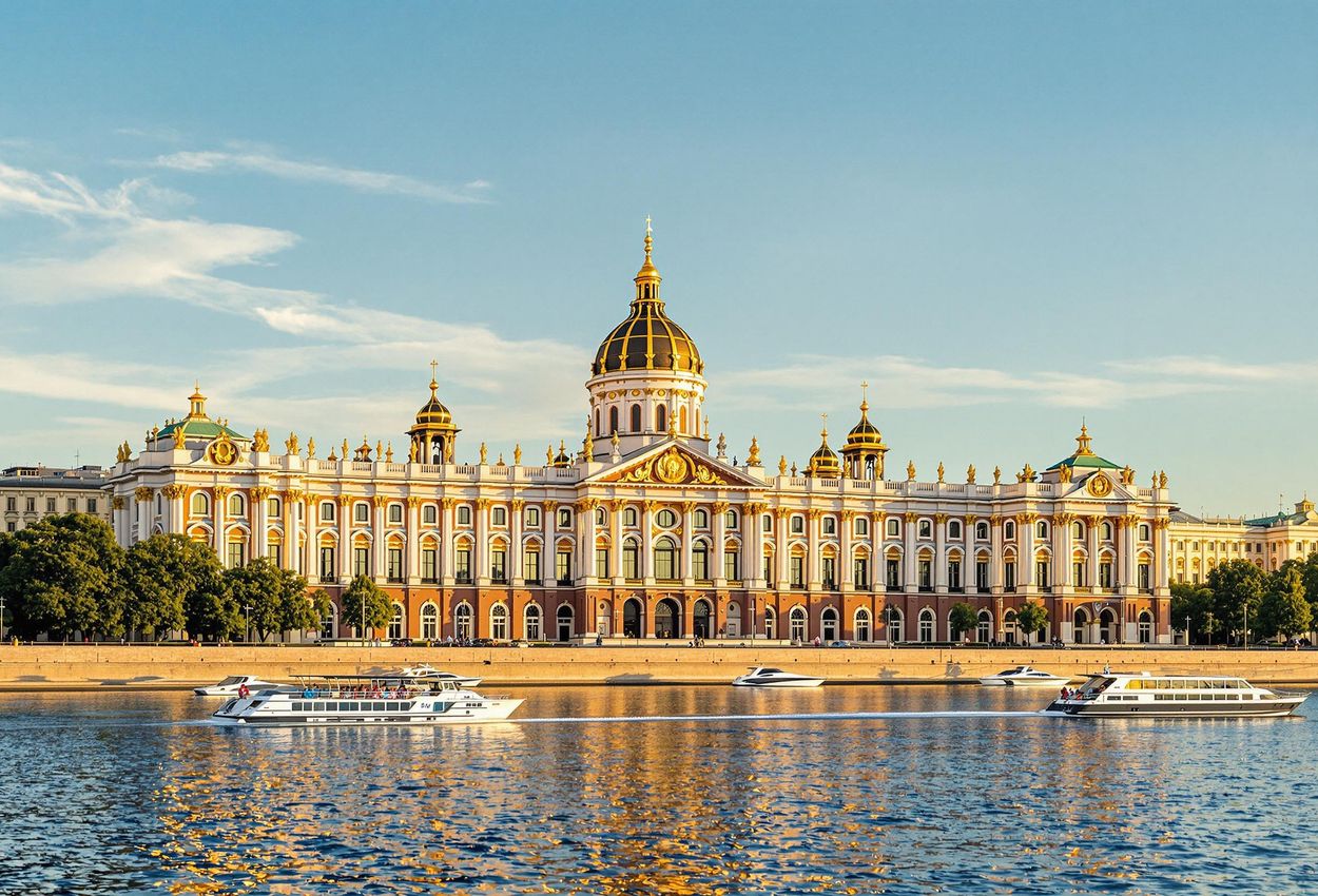 A stunning photograph of the Winter Palace in St. Petersburg, captured during the late afternoon golden hour, showcasing its architectural splendor and the vibrant life along the Neva River.