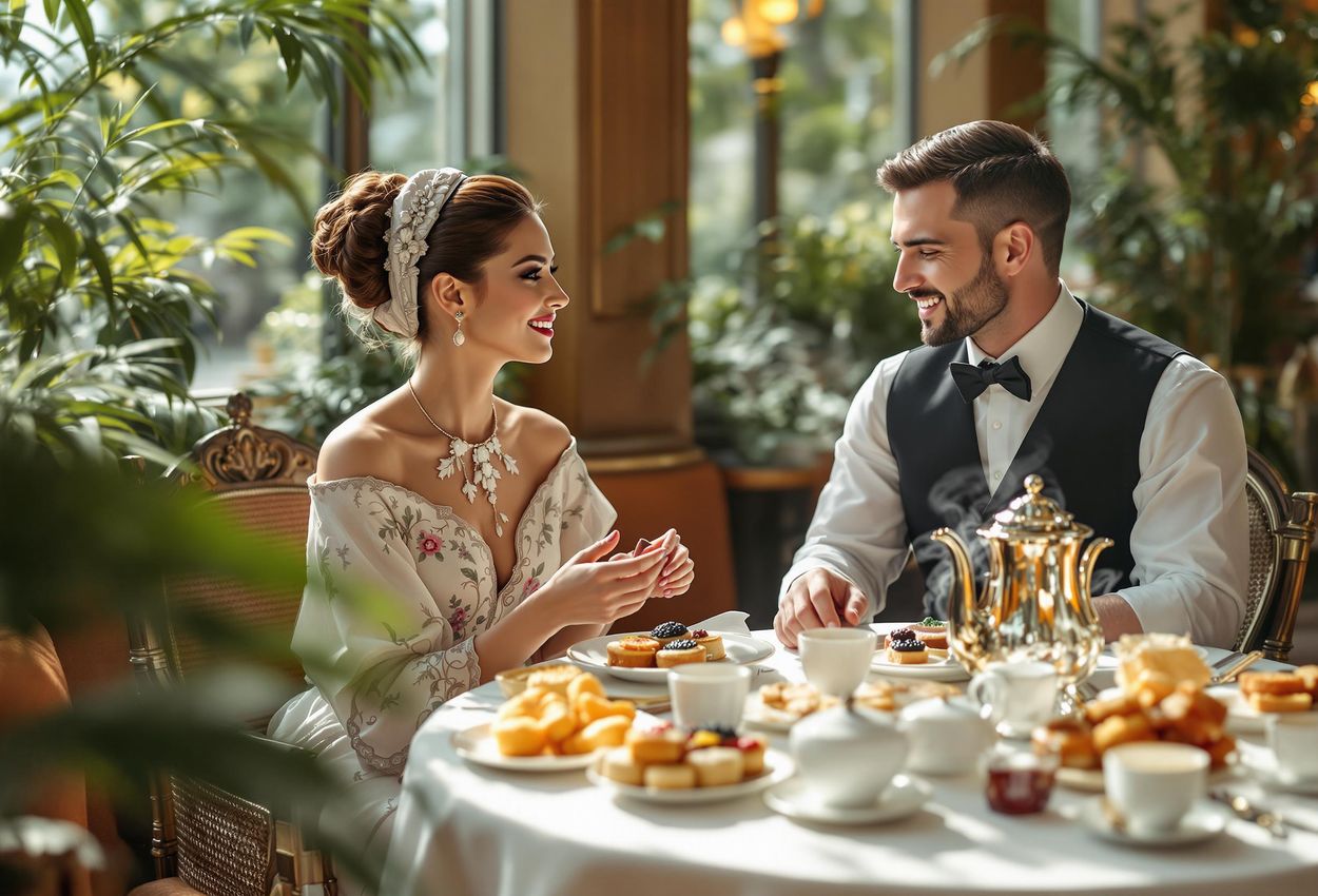 A detailed photograph capturing a traditional Russian tea ceremony at the luxurious Belmond Grand Hotel Europe