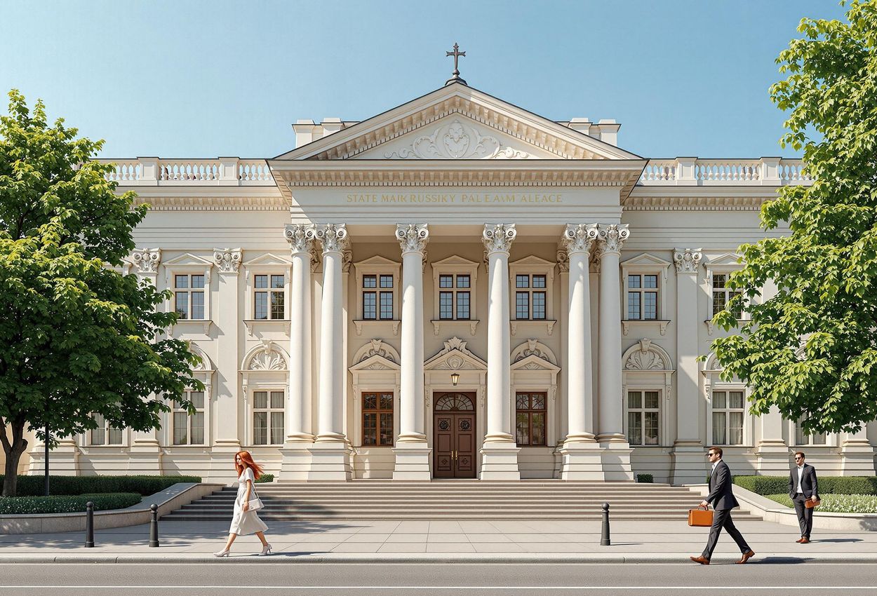 A photograph of the Mikhailovsky Palace, showcasing its stunning neoclassical architecture and cultural significance in St. Petersburg, Russia.