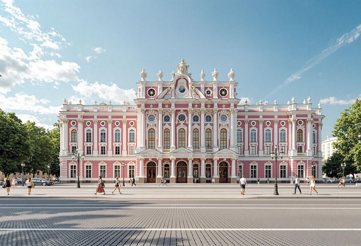 A photograph capturing the stunning Beloselsky-Belozersky Palace on Nevsky Prospekt in St. Petersburg, showcasing its Neo-Baroque architecture and vibrant pink facade.