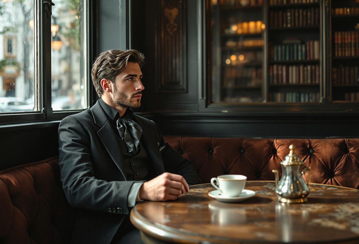 A photograph capturing a quiet moment inside a traditional St. Petersburg cafe, evoking the atmosphere of Dostoevsky