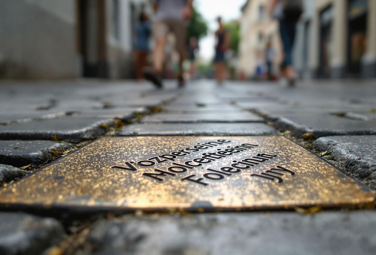 A close-up photograph of a Stolpersteine (stumbling stone) embedded in a cobblestone street in Berlin, commemorating a victim of the Holocaust. The brass plaque is clearly visible, set within the historic streetscape.