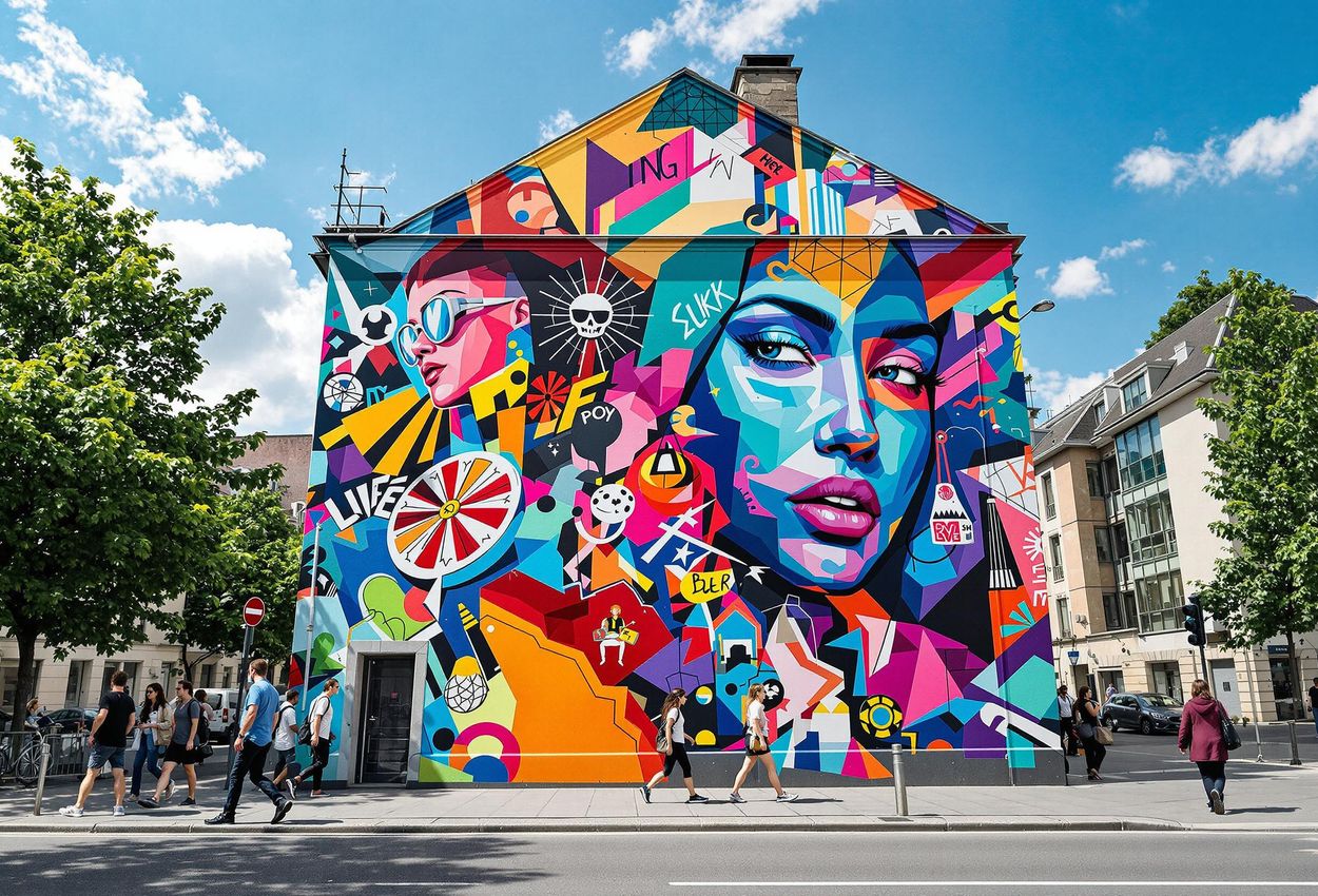 A street-style photograph capturing a colorful mural in the Kreuzberg district of Berlin, with pedestrians adding life to the scene.