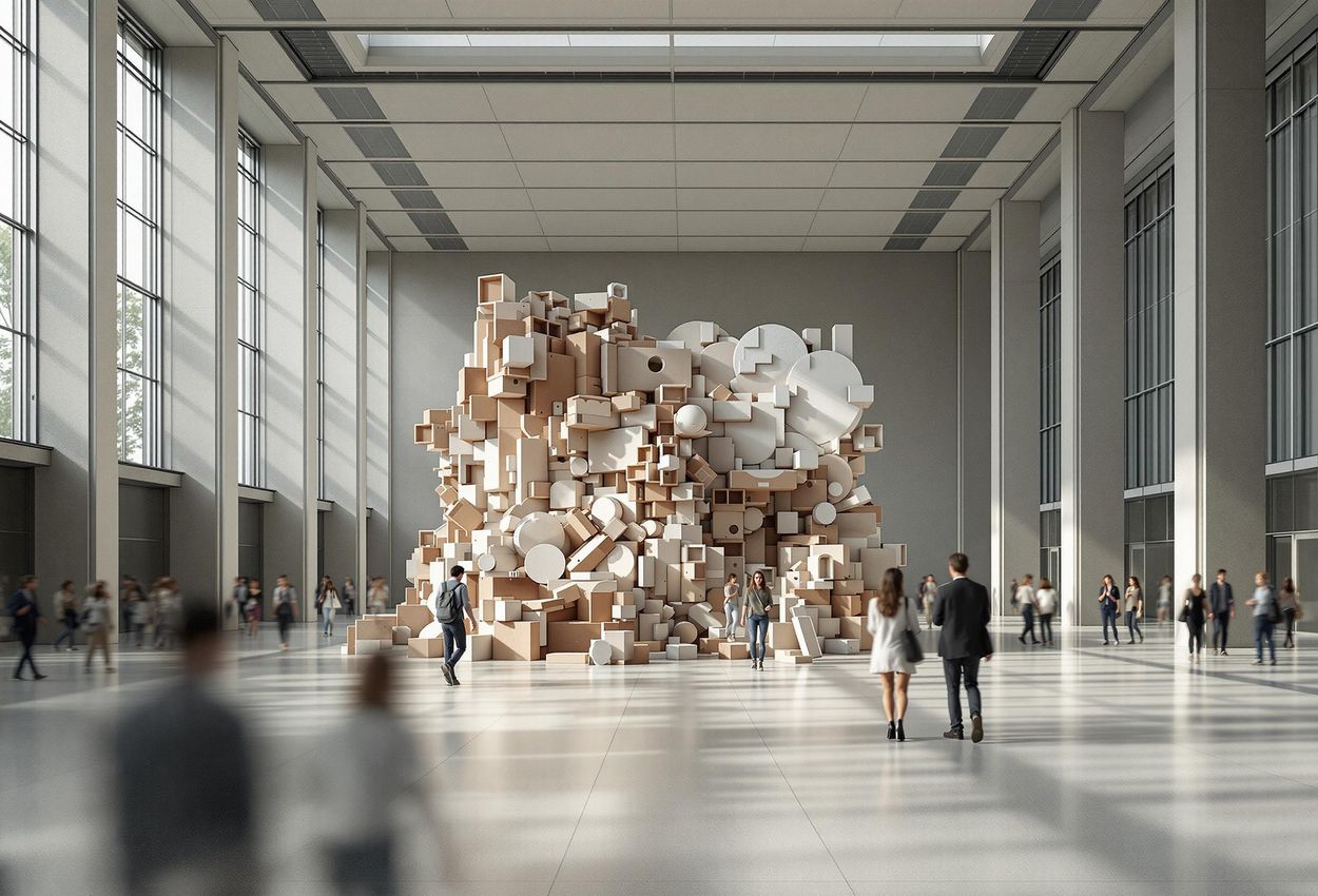 A photograph capturing the interior of Hamburger Bahnhof in Berlin, featuring a large-scale contemporary art installation and visitors interacting with the artwork.