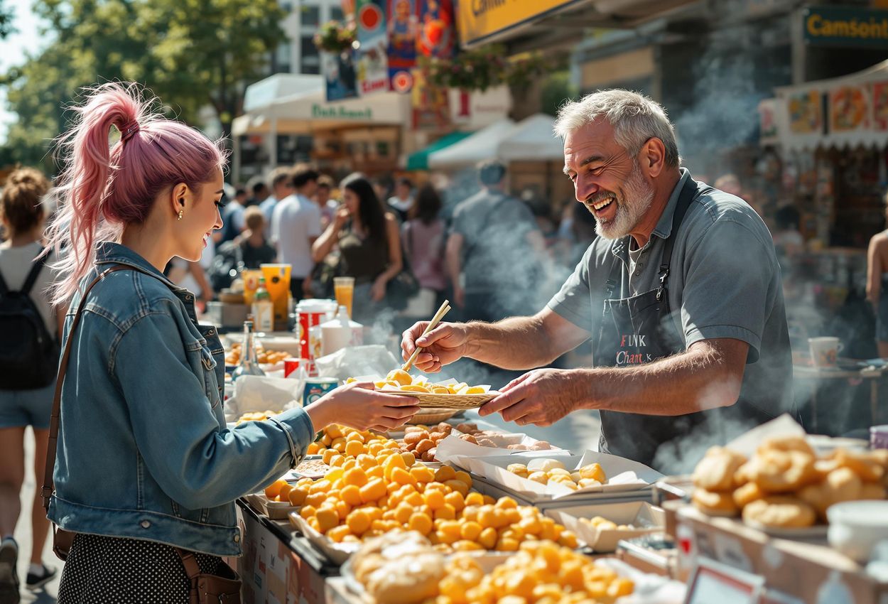 A photograph capturing a street food vendor at the Mauerpark Flea Market in Berlin, surrounded by customers and a variety of delicious dishes.