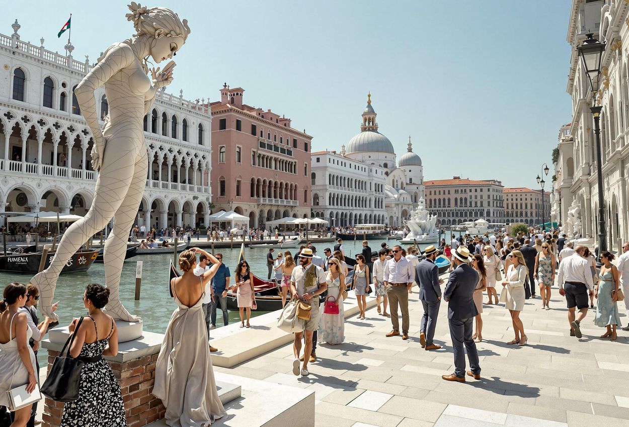 A vibrant photograph capturing the opening day of the Venice Biennale 2025, showcasing the fusion of contemporary art, stunning Venetian architecture, and a lively atmosphere.