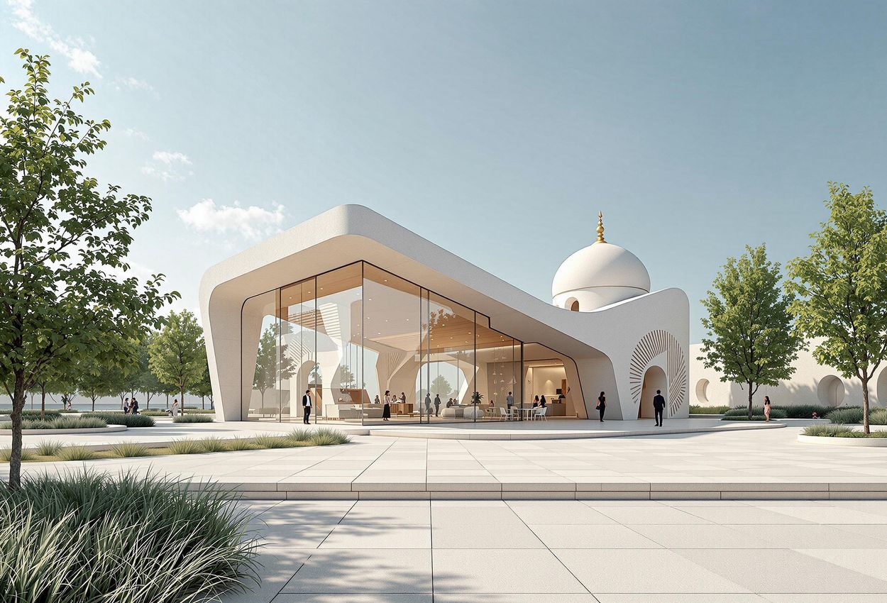 A photograph of the Azerbaijan Pavilion at the Venice Biennale, showcasing the fusion of cultural heritage and modern design with projects like Baku White City, Victory Park, and Zangilan Mosque.
