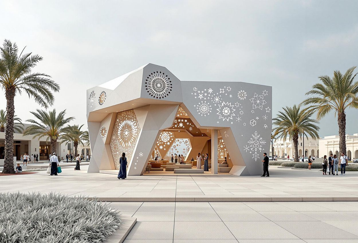 A photograph of the Omani pavilion at the Venice Biennale, showcasing innovative architecture rooted in Omani heritage and integrating artificial intelligence.