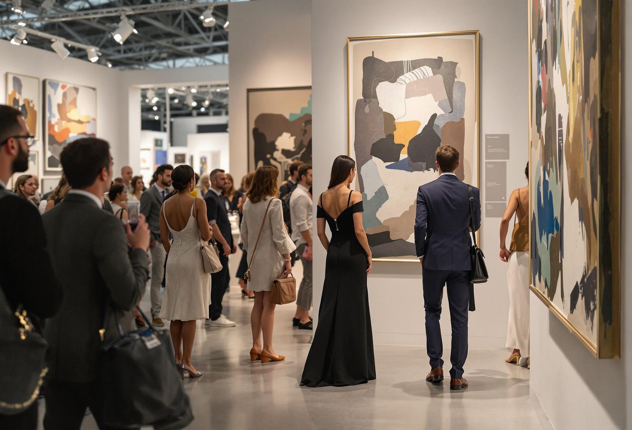 A candid photograph capturing visitors at Art Basel inside Messe Basel, engrossed in viewing contemporary art pieces. The image showcases the vibrant atmosphere and diverse artwork on display.