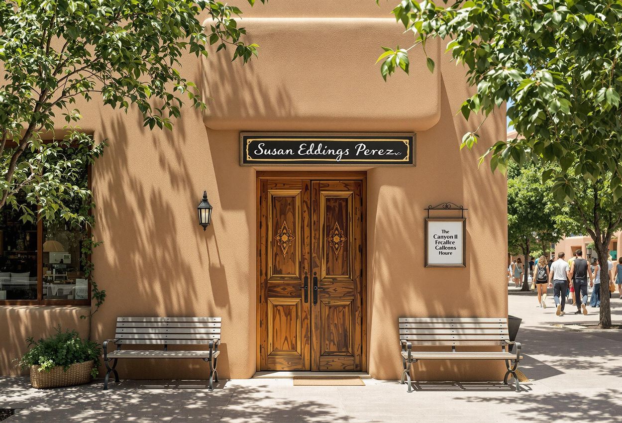 A street-style photograph showcases the inviting entrance to an art gallery on Canyon Road in Santa Fe, capturing the area