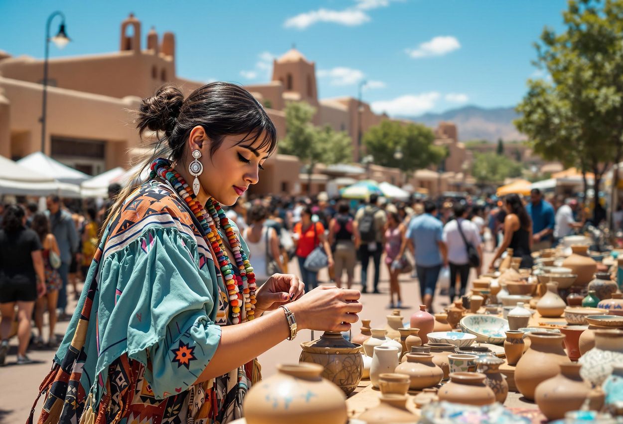 A street-style photograph capturing the energy and artistry of the Santa Fe Indian Market, showcasing Native American artists and their unique creations.
