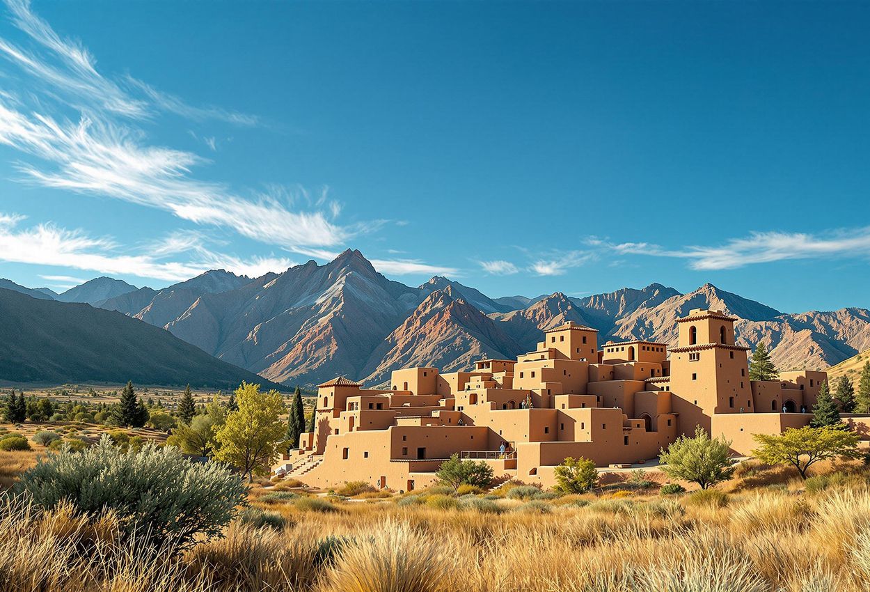 A landscape photograph of Tesuque Pueblo, showcasing traditional adobe architecture nestled in the foothills of the Sangre de Cristo Mountains, bathed in warm, late afternoon light.