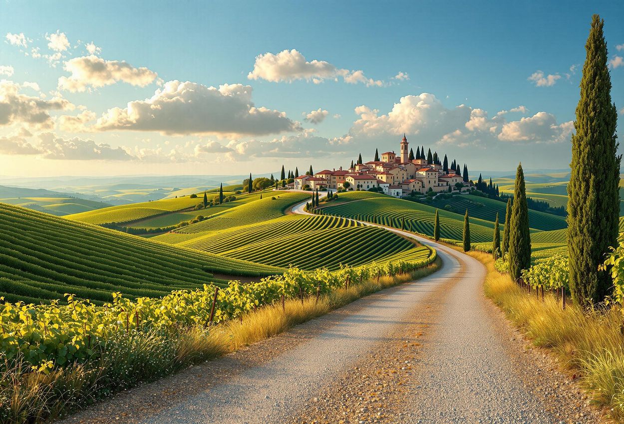 A stunning photograph capturing the serene beauty of the Tuscan countryside, featuring rolling hills, vineyards, a winding road, and a charming hilltop village bathed in warm, golden light.