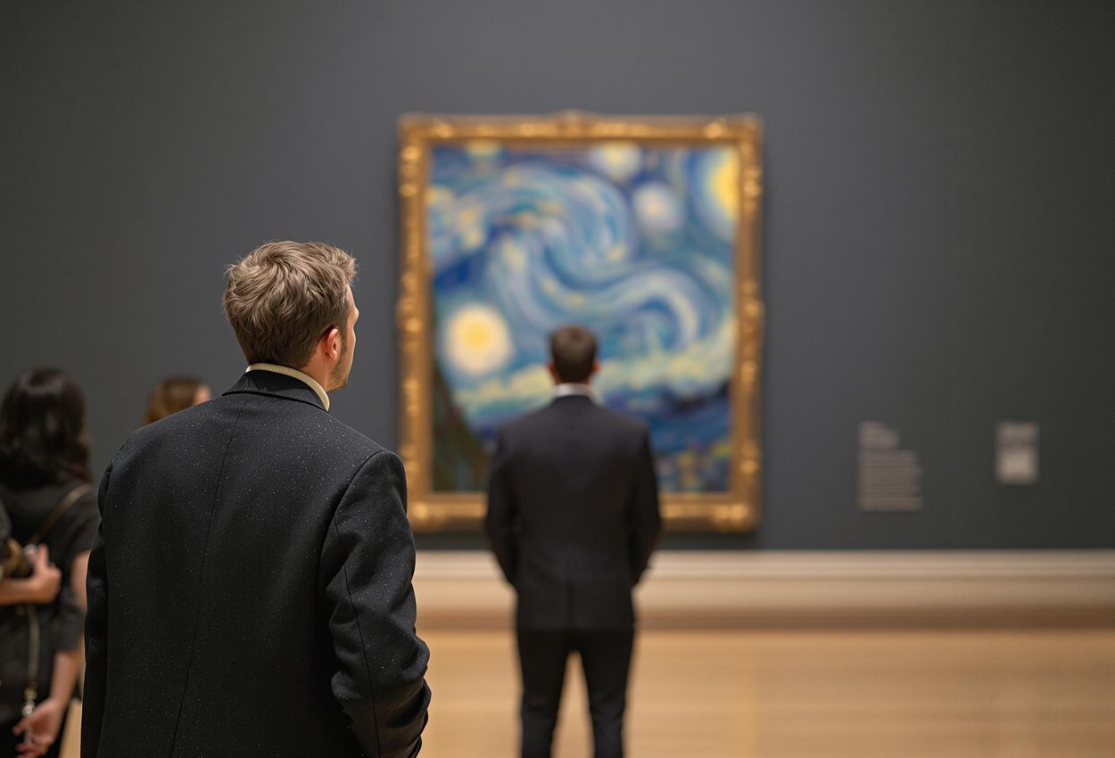 A visitor stands in the Van Gogh Museum in Amsterdam, gazing at 