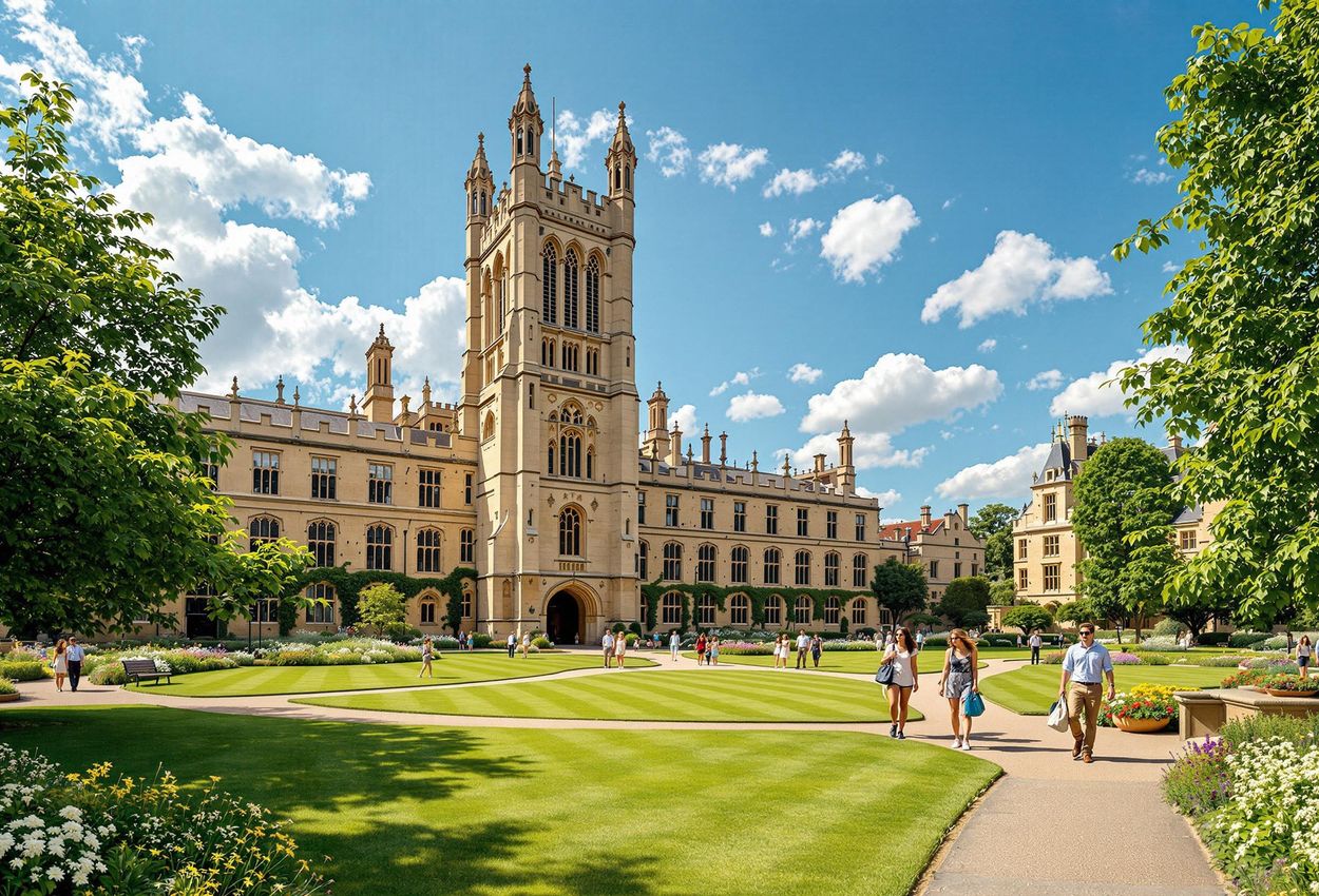 A photograph capturing the stunning architecture and vibrant grounds of Magdalen College, Oxford on a sunny summer day. Students stroll through the grounds, adding life to the historic setting.