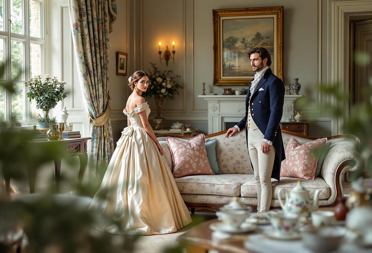 A detailed photograph captures the interior of a Regency-era drawing room at the Jane Austen Centre in Bath, featuring costumed interpreters and ornate furniture.